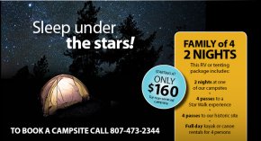 Camping ad showing tent and offering instantly program camping for 0.00