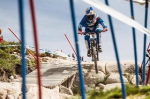 Marcelo Gutierrez driving during practice on Fort William DH World Cup 2016 on Summer 3, 2016.