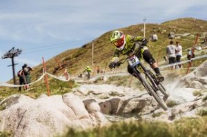 Remi Thirion riding during rehearse at Fort William DH World Cup 2016 on June 3, 2016.